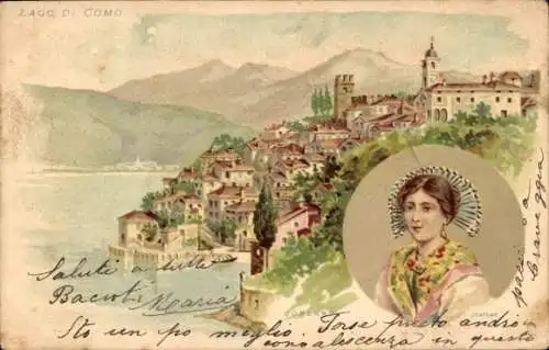 Litho Lago di Como Lombardia, Teilansicht, Frau in Tracht