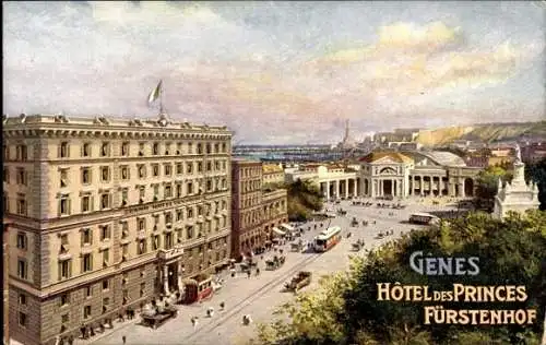 Künstler Ak Genova Genua Liguria, Grand Hotel des Princes Fürstenhof, Teilansicht, Straßenbahnen