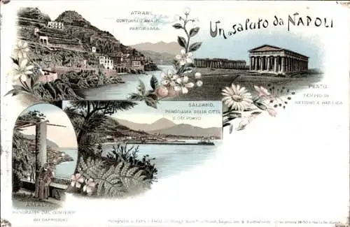 Litho Napoli Neapel Campania, Atrani, Salerno, Tempio di Nettuno
