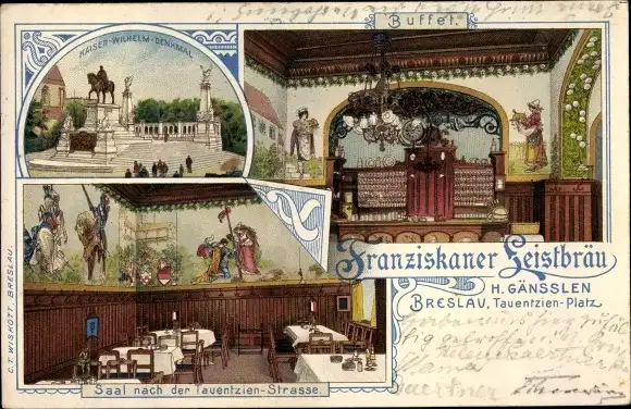 Litho Breslau (Wrocław) in Schlesien, Franziskaner Leistbräu, H. Gänsslen, Tauentzien Platz, Buffet