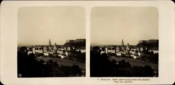 Stereo Foto Kłodzko Glatz Schlesien, Stadt und Festung vom Schäferberg aus