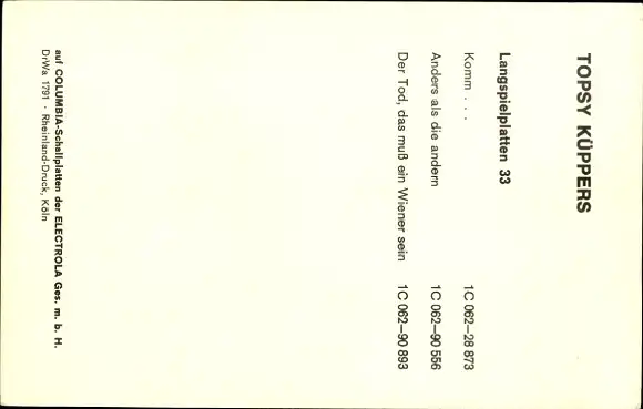 Ak Schauspielerin Topsy Küppers, Portrait, Autogramm, Emi Columbia