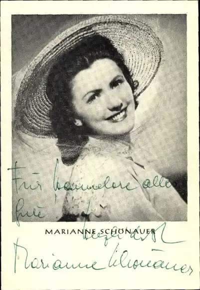 Ak Schauspielerin Marianne Schönauer, Portrait, Autogramm, Hut