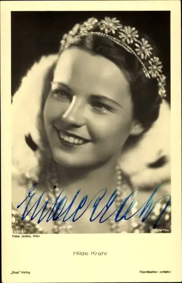Ak Schauspielerin Hilde Krahl, Portrait, Kopfschmuck, Autogramm