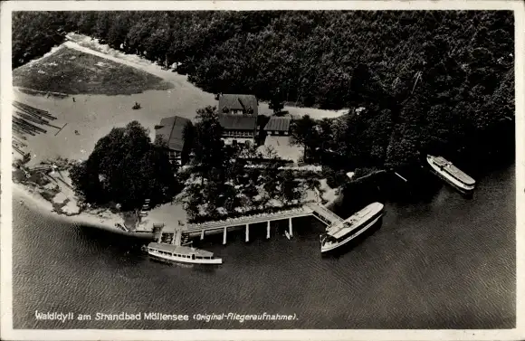 Ak Erkner in Brandenburg, Waldidyll Strandbad am Möllensee, Terrassen-Restaurant, Fliegeraufnahme