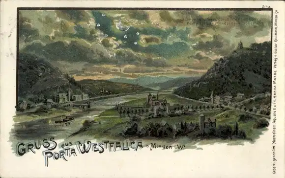 Künstler Mondschein Litho Porta Westfalica an der Weser, Panorama