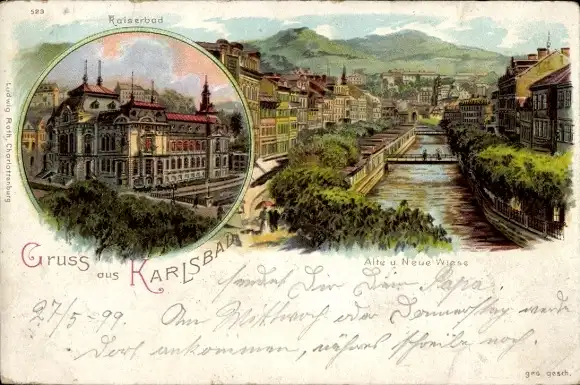 Litho Karlovy Vary Karlsbad Stadt, Kaiserbad, Alte und neue Wiese
