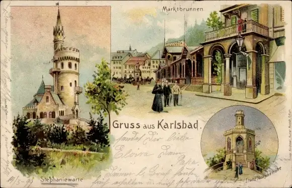 Litho Karlovy Vary Karlsbad Stadt, Stephaniewarte, Marktbrunnen, Franz Josephs Höhe
