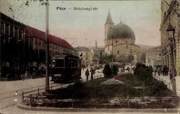 Ak Pécs Fünfkirchen Ungarn, Szechenyi-ter, Straßenbahn
