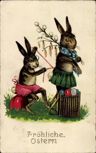 Ak Frohe Ostern, Osterhasen, Ostereierkorb, Weidenkätzchen