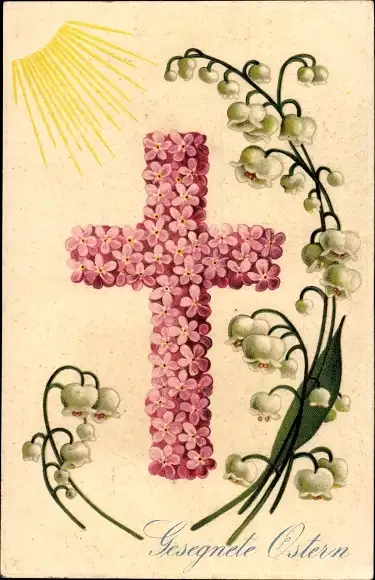 Ak Glückwunsch Ostern, Kreuz aus Blumen, Maiglöckchen