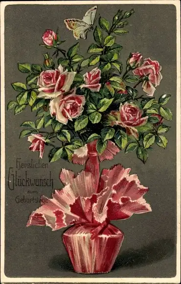Präge Ak Glückwunsch Geburtstag, Rosen im Blumentopf