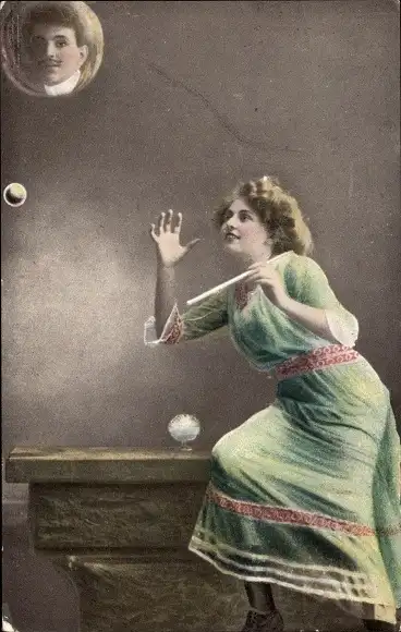 Ak Junge Frau macht Seifenblasen, Geliebter Mann