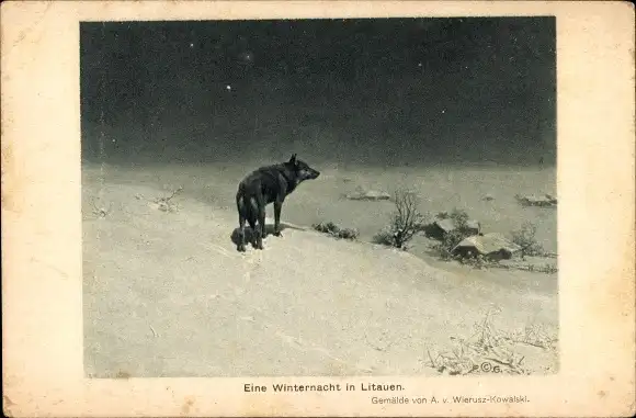 Künstler Ak Wierusz-Kowalski, A. v., Eine Winternacht in Litauen, Hund