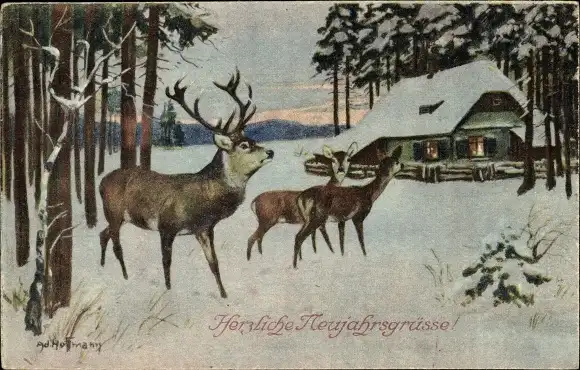 Künstler Ak Hoffmann, Ad., Glückwunsch Weihnachten, Hirsch, Rehe, Haus