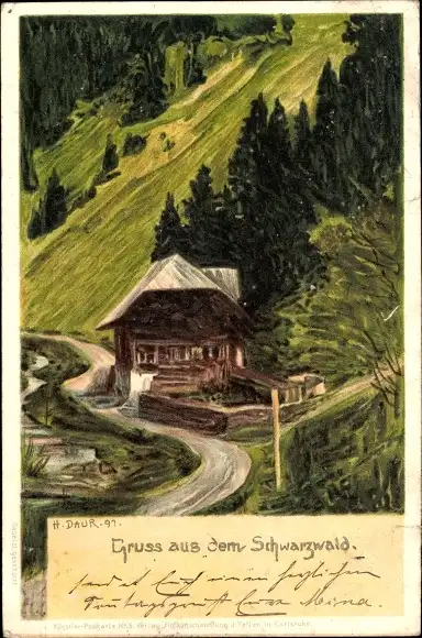 Künstler Litho Daur, H., Schwarzwald, Gruss aus dem Schwarzwald, Bauer mit Kuh