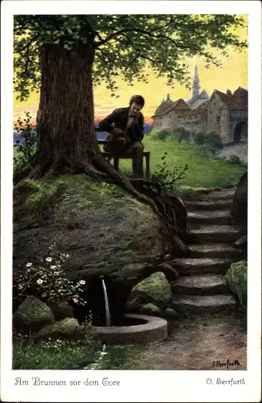 Künstler Ak Herrfurth, Oskar, Am Brunnen vor dem Tore, Mann bei Rast auf einer Bank
