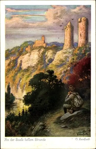 Künstler Ak Herrfurth, Oskar, An der Saale hellem Strande, Wanderer, Türme