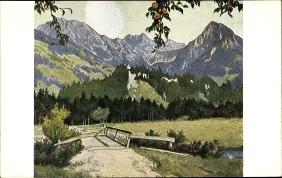 Künstler Ak Hoess, Eug., L., die weiße Wolke am Rubihorn, Brücke