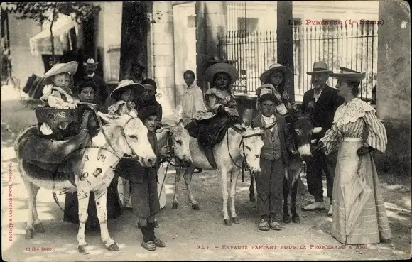 Ak Kinder reiten auf Eseln, Gruppenbild