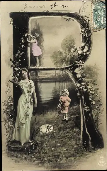 Buchstaben Ak Buchstabe R, Frau, Kinder, Blumen, Hund
