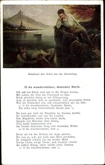 Lied Ak O du wunderschöner deutscher Rhein, Nixen, Braubach am Rhein, Marksburg