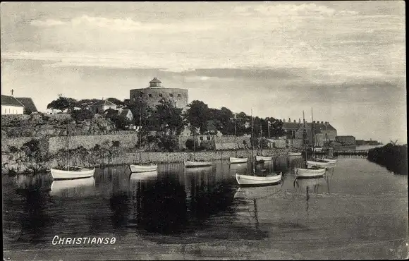 Ak Christiansø Dänemark, Teilansicht, Boote