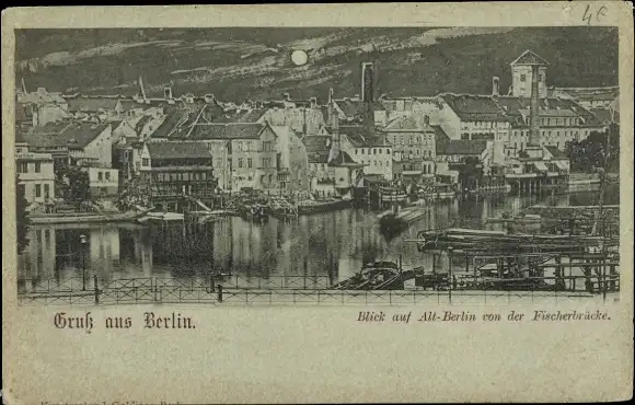 Mondschein Ak Berlin Mitte, Altstadt, Blick von der Fischerbrücke