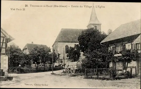 Ak Traubach Le Haut Elsass Haut Rhin, Entree du Village, l'Eglise, Fuhrwerk