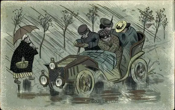 Ak Personen in einem Automobil im Regen