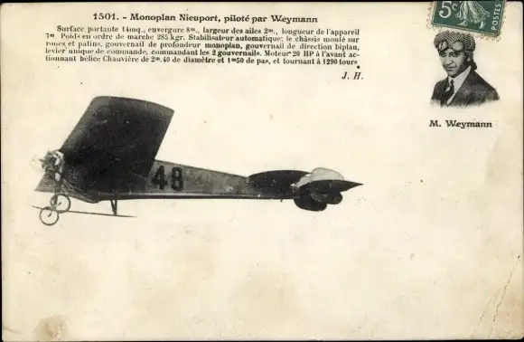 Ak Monoplane Nieuport, geflogen von Weymann, Pilot, Flugpionier