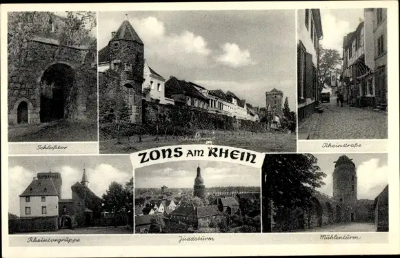 Ak Zons Dormagen Niederrhein, Schlosstor, Rheinfront, Rheinstraße, Jüddeturm, Rheintorgruppe