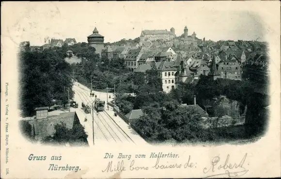 Ak Nürnberg in Mittelfranken, Burg, Blick vom Hallertor, Tram