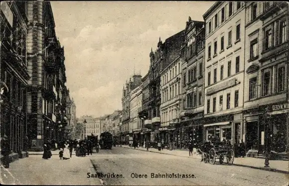 Ak Saarbrücken im Saarland, obere Bahnhofstraße, Pferdekutsche, Fahrzeuge