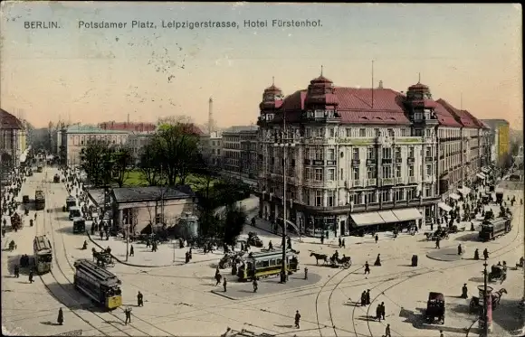 Ak Berlin Tiergarten, Potsdamer Platz, Leipzigerstraße, Hotel Fürstenhof, Straßenbahnen, Autos