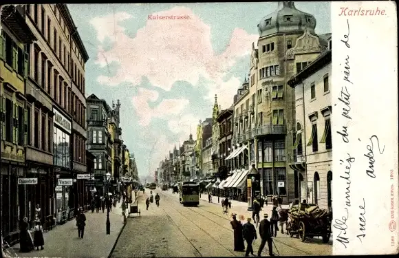 Ak Karlsruhe in Baden, Kaiserstraße, Straßenbahn, Handkarren, Pferdefuhrwerk