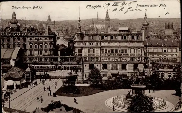 Ak Elberfeld Wuppertal, Döppersberger Brücke, Brausenwerther Platz, Straßenbahn, Denkmal