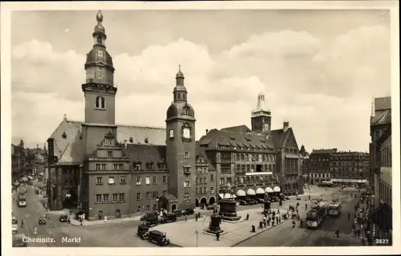 Ak Chemnitz, Markt mit Autos und Straßenbahn