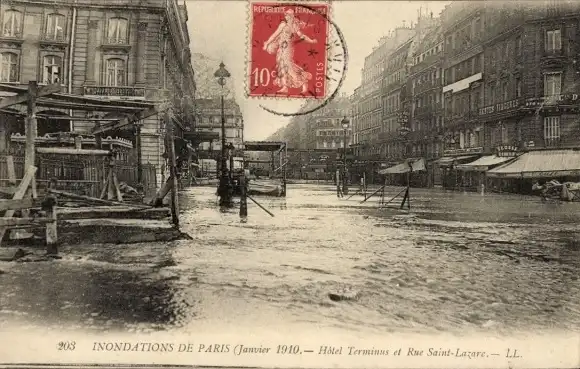 Ak Paris VIII, Hotel Terminus, Rue Saint Lazare, Die große Seineflut, Januar 1910