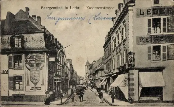 Ak Sarreguemines Saargemünd Lothringen Moselle, Kasernenstraße, Lederwaren-Geschäft