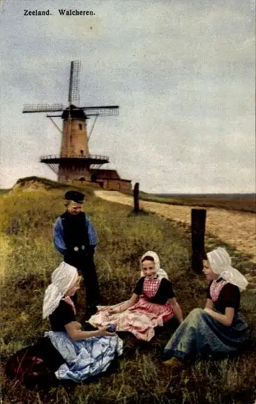 Photochromie Walcheren Zeeland, Windmühle, Kinder in Tracht spielen auf der Wiese
