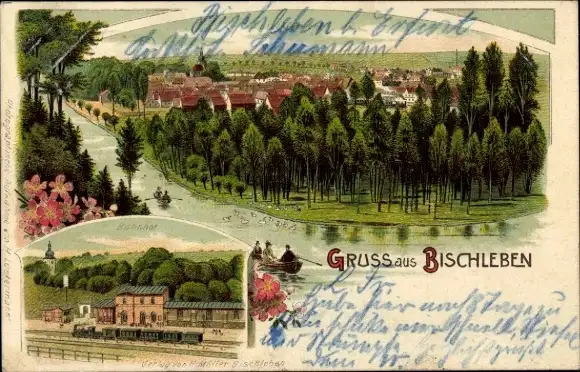 Litho Bischleben Stedten Erfurt in Thüringen, Bahnhof, Gleisseite, Totalansicht