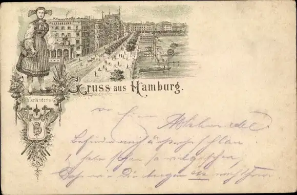 Vorläufer Litho Hamburg Mitte Altstadt, Vierländerin, Teilansicht der Stadt, 1892