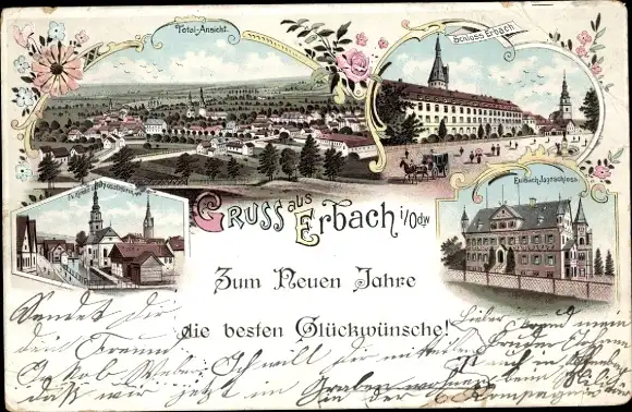 Litho Erbach im Odenwald Hessen, Glückwunsch Neujahr, Schloss, Jagdschloss, Totalansicht