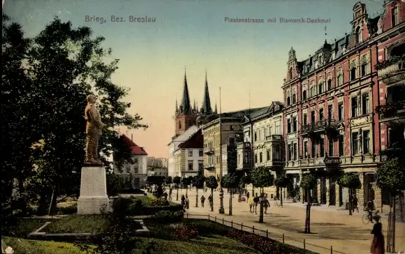 Ak Brzeg Brieg Schlesien, Piastenstraße, Bismarck-Denkmal