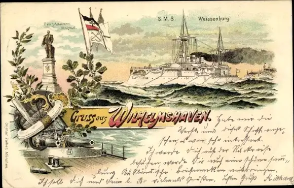 Litho Wilhelmshaven an der Nordsee, Deutsches Kriegsschiff, SMS Weissenburg