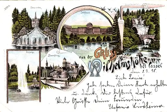 Litho Bad Wilhelmshöhe Kassel in Hessen, Cascaden, Schloss, Fontäne, Löwenburg, Wasserfall