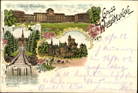 Litho Bad Wilhelmshöhe Kassel in Hessen, Cascaden, Löwenburg, Schloss Wilhelmshöhe