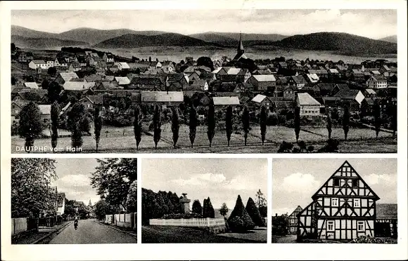 Ak Dautphe Dautphetal in Hessen, Panorama, Fachwerkhaus, Kriegerdenkmal