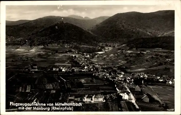 Ak Hambach Neustadt an der Weinstraße, Flugzeugaufnahme von Mittelhambach, Maxburg